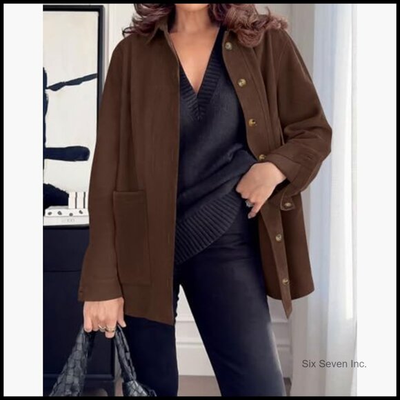 Faux Suede Jacket Women Long Sleeve Button Down Winter Coat Shacket - Picture 5 of 7